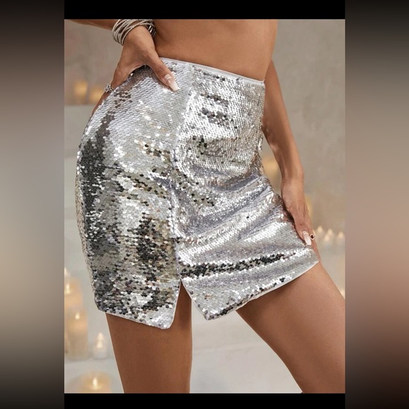 Silver high-waist split-hem sequin skirt - Picture 5 of 8